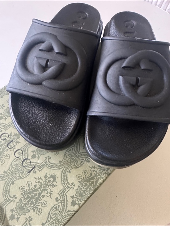 Gucci Shoes - Gucci Black Rubber Logo Slide Sandals